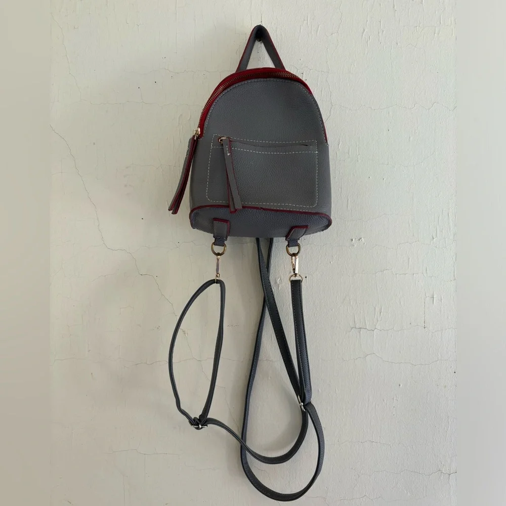 Small grey and maroon backpack with pocket in front and inside, cream interior